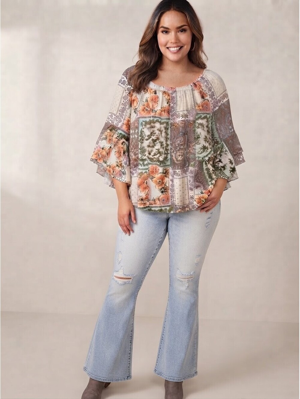 Cato 100% Rayon Boho Floral Patchwork Smocked Ruffle Flare Sleeve Top Size 18/20